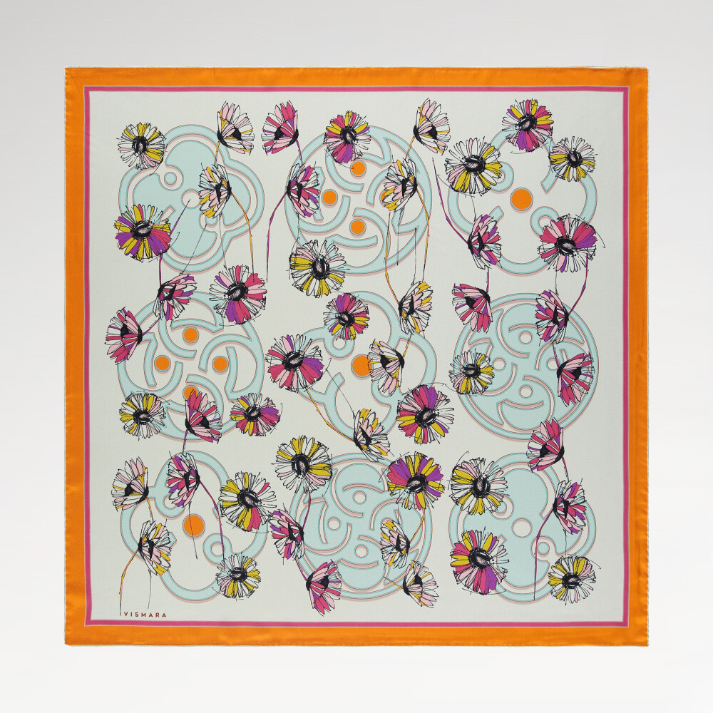 Sciarpa quadrata in twill di seta con motivo a margherite arancioni