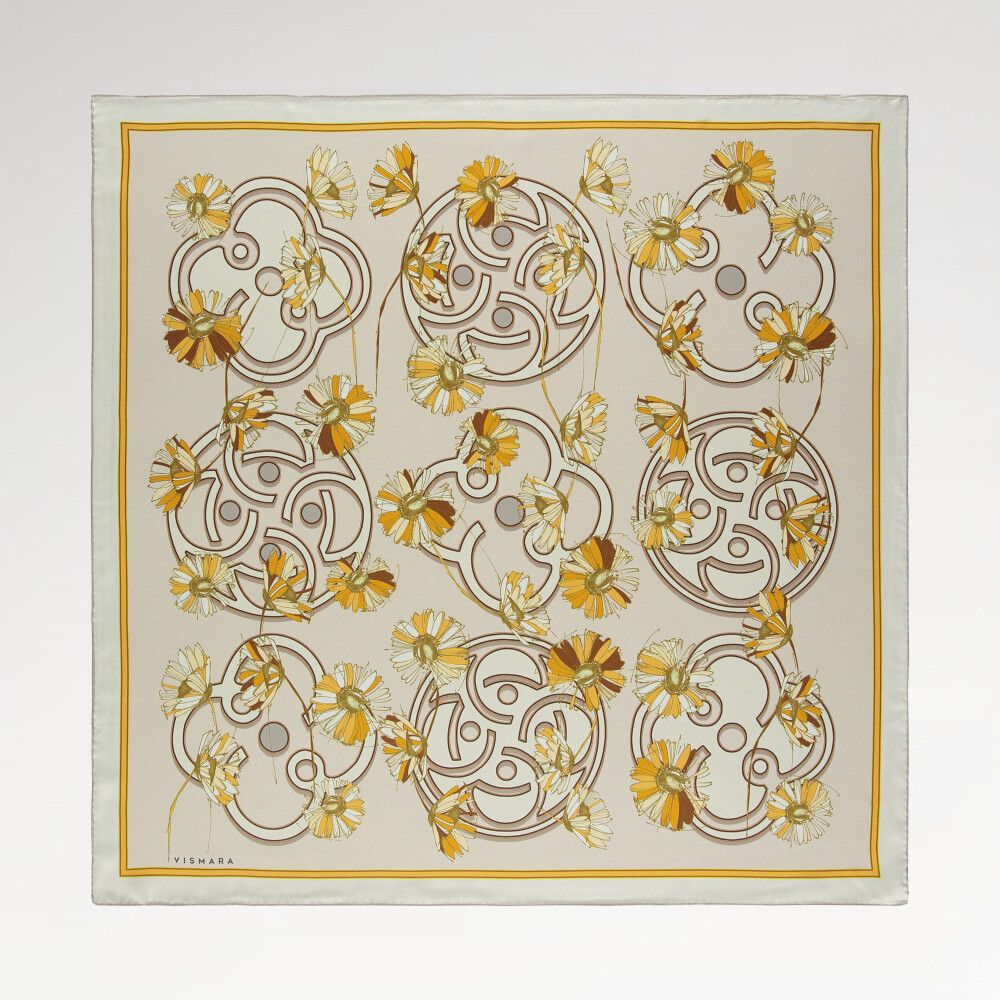 Sciarpa quadrata in twill di seta con motivo a margherite beige