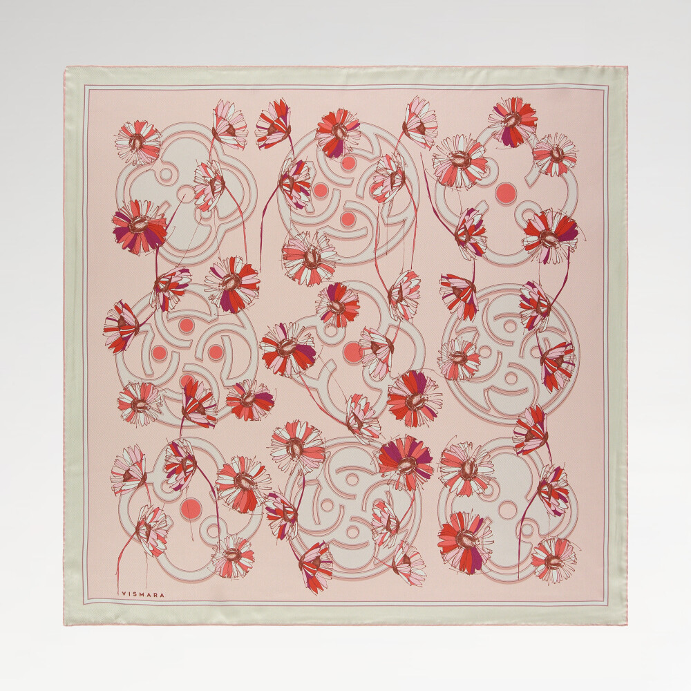 Sciarpa quadrata in twill di seta con motivo a margherite cipria
