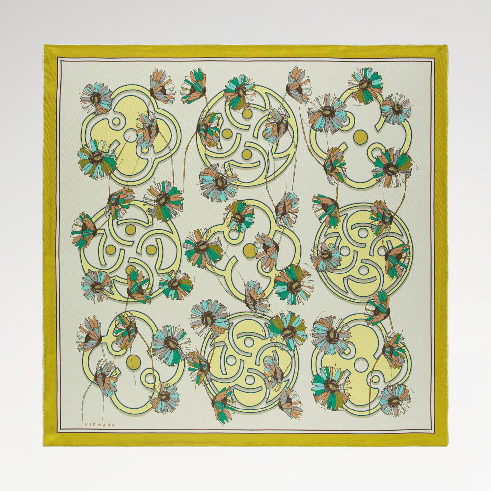 Sciarpa quadrata in twill di seta con motivo a margherite verdi