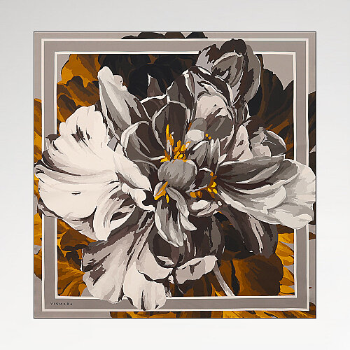 Sciarpa quadrata in twill di seta con motivo peonie gialle