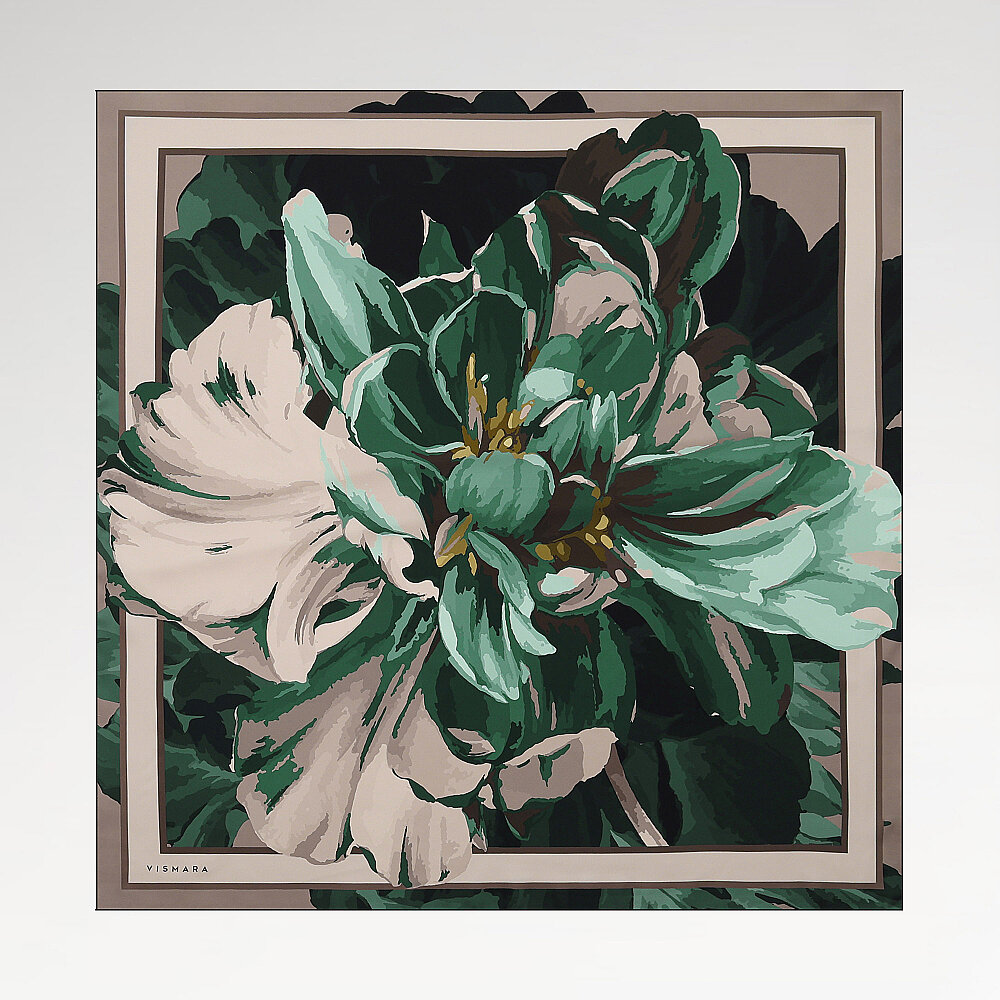Sciarpa quadrata in twill di seta con motivo a peonia verde. - 1