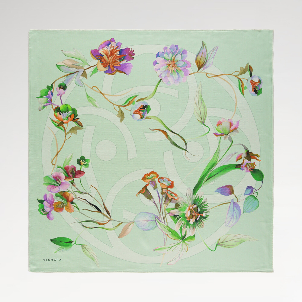 Sciarpa quadrata in twill di seta con motivo a simbolo di flora menta