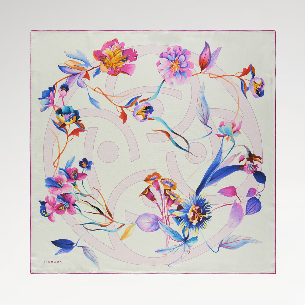 Sciarpa quadrata in twill di seta con motivo a simbolo floreale bianco e rosa