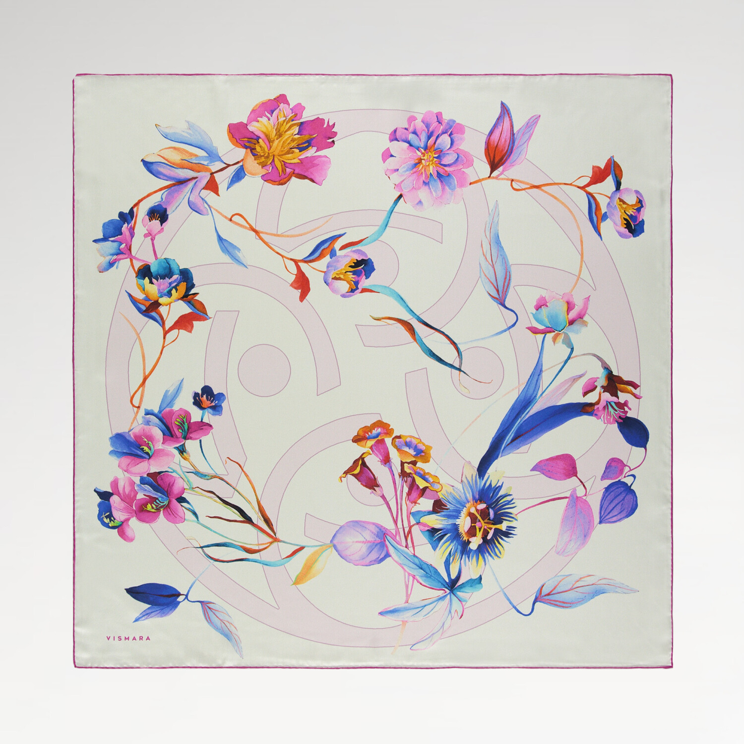 Sciarpa quadrata in twill di seta con motivo a simbolo floreale bianco e rosa - 1