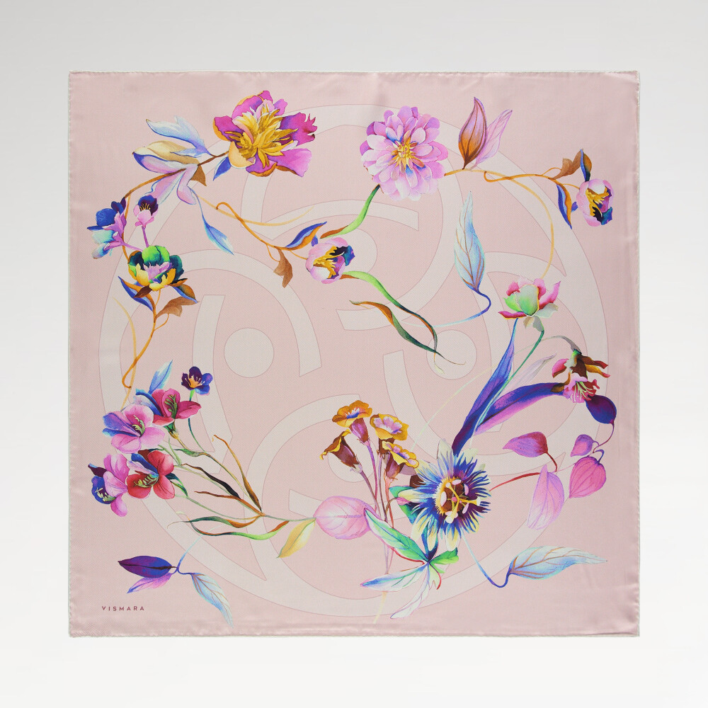 Sciarpa quadrata in twill di seta con motivo a simbolo floreale rosa