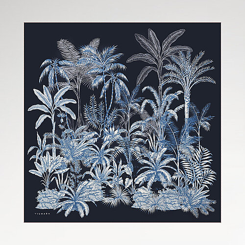 Sciarpa quadrata in seta twill con motivo Exotic Oasis blu navy