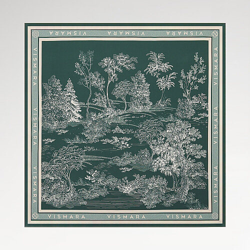 Sciarpa quadrata in twill di seta con motivo a giardino Toile de Jouy color verde smeraldo