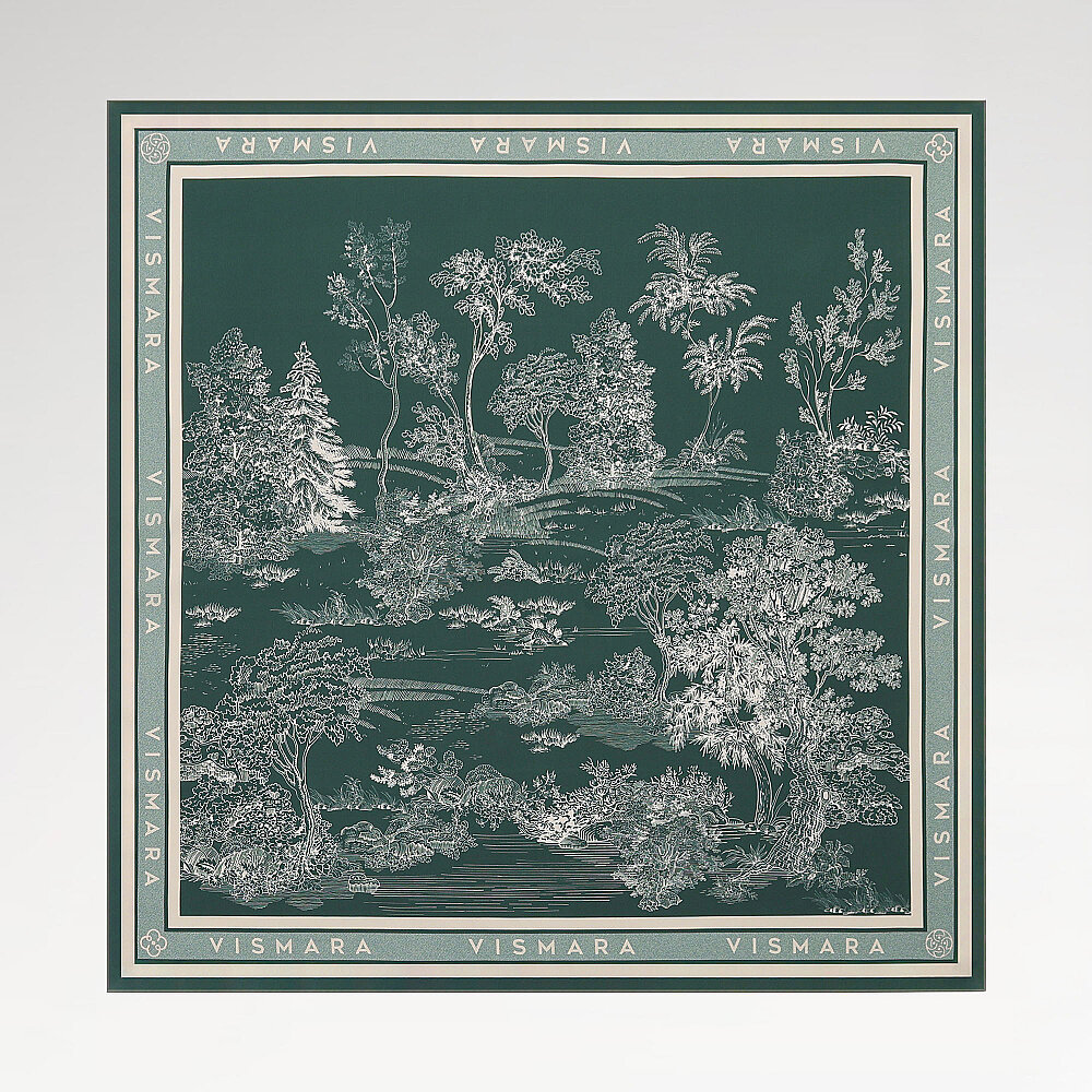 Sciarpa quadrata in twill di seta con motivo a giardino Toile de Jouy color verde smeraldo - 1
