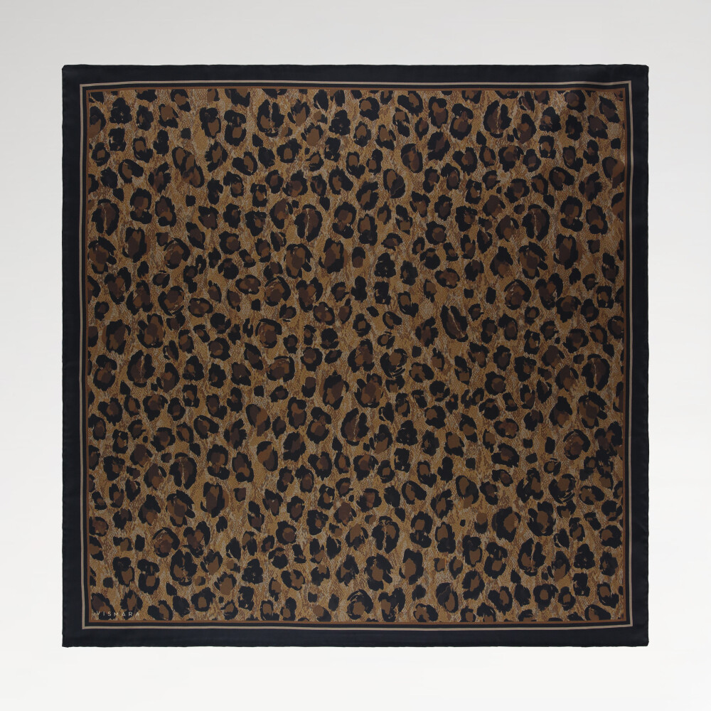 Sciarpa quadrata in twill di seta con motivo leopardato naturale color cuoio