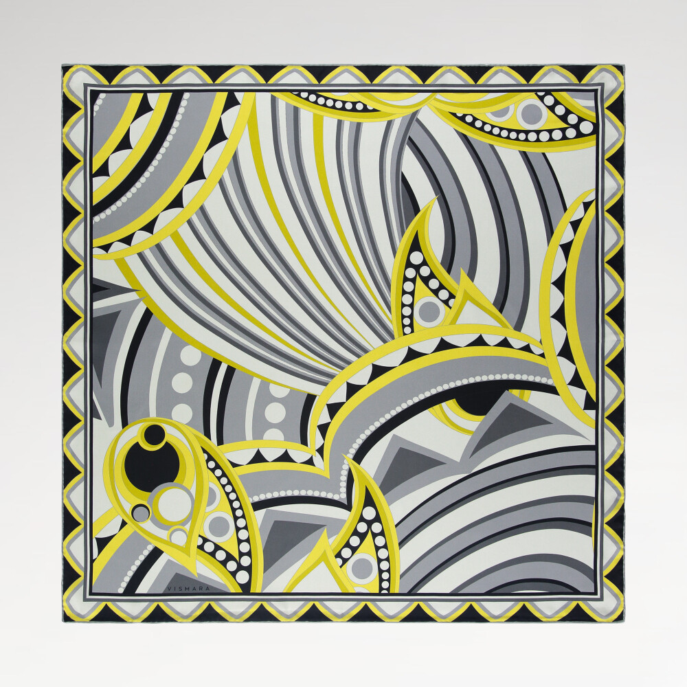 Sciarpa quadrata in twill di seta con motivo Optical Art grigio-giallo