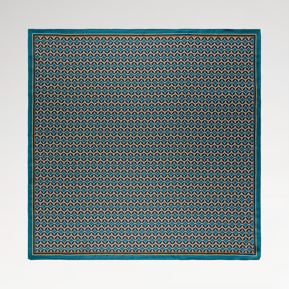 Sciarpa quadrata in twill di seta con motivo retrò color petrolio