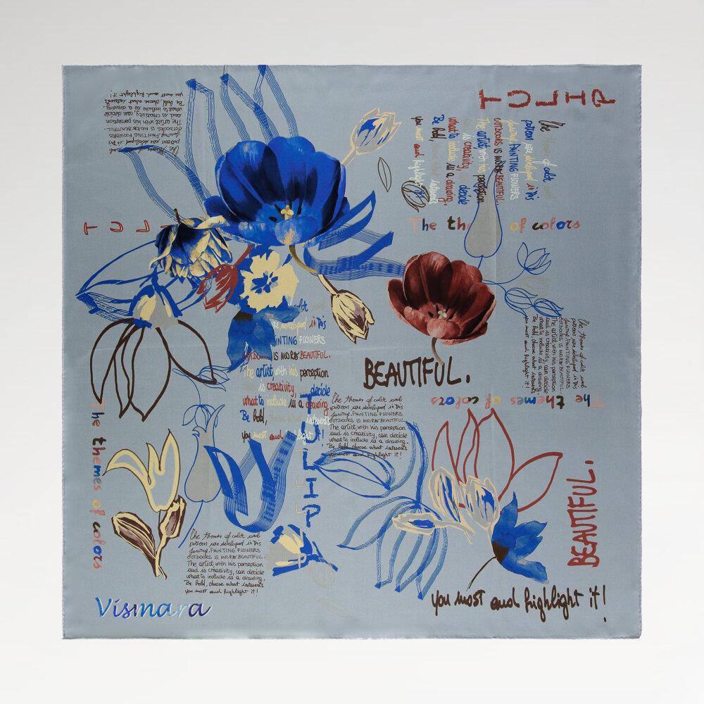 Silk Square Scarf with Blue Handwritten Floral Harmony Pattern - 1