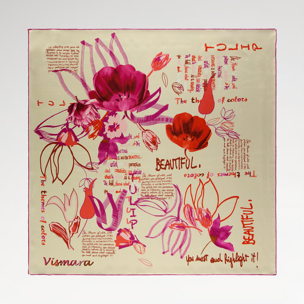 Silk Square Scarf with Cream Handwriting and Flower Harmony Pattern - 1