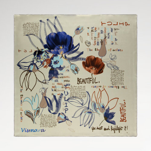 Silk Square Scarf with Ecru Handwriting and Harmony of Flowers Pattern
