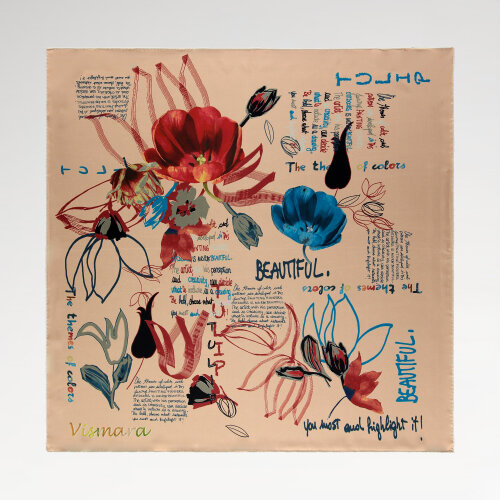 Silk Square Scarf with Salmon Handwriting and Harmony of Flowers Pattern