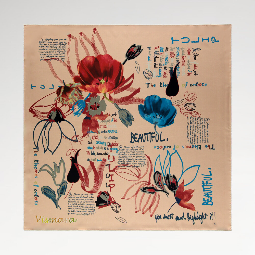 Silk Square Scarf with Salmon Handwriting and Harmony of Flowers Pattern - 1
