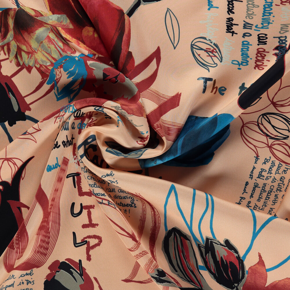 Silk Square Scarf with Salmon Handwriting and Harmony of Flowers Pattern - 2