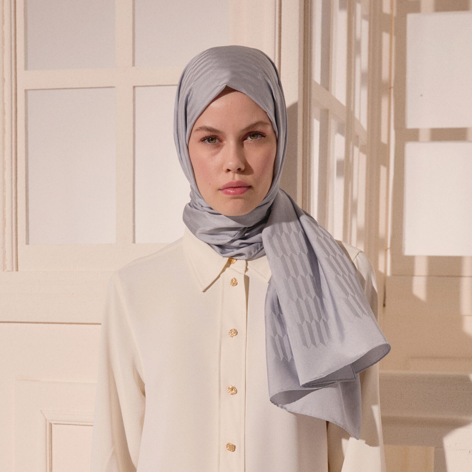Silver Drop Pattern Jacquard Wool Silk Scarf - 3