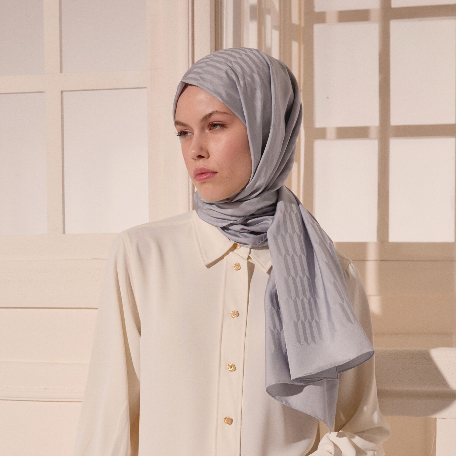 Silver Drop Pattern Jacquard Wool Silk Scarf - 4