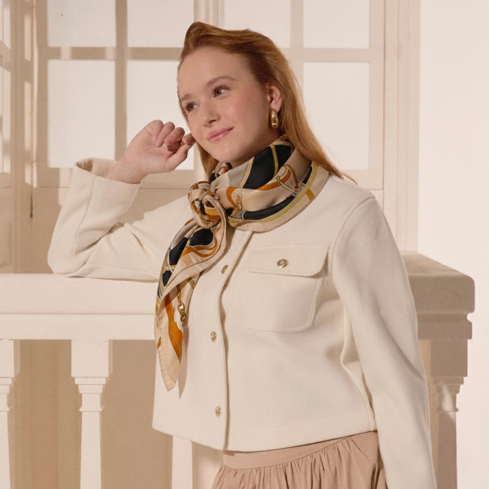 Siyah Bej Zincir Armonisi Desenli Twill İpek Eşarp - 3