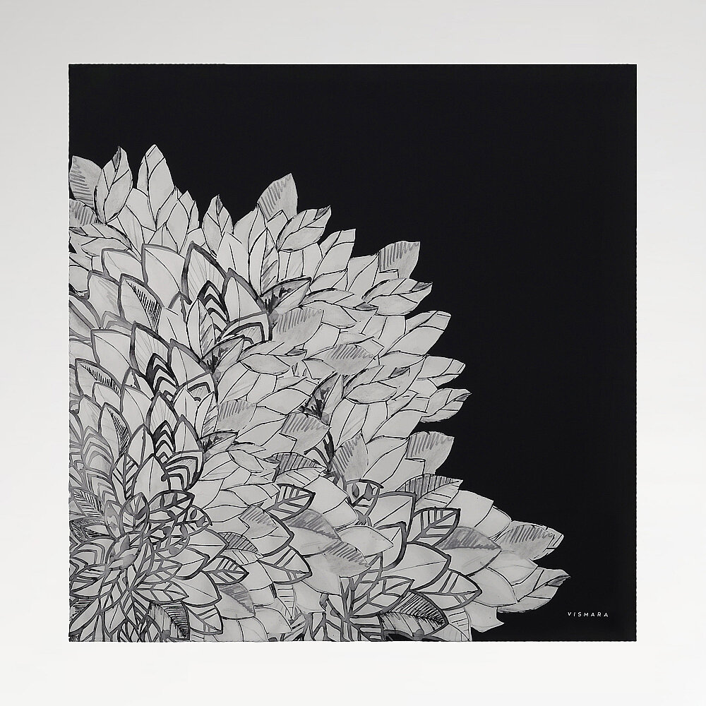 Siyah Floral Yaprak Desenli Twill İpek Eşarp - 1