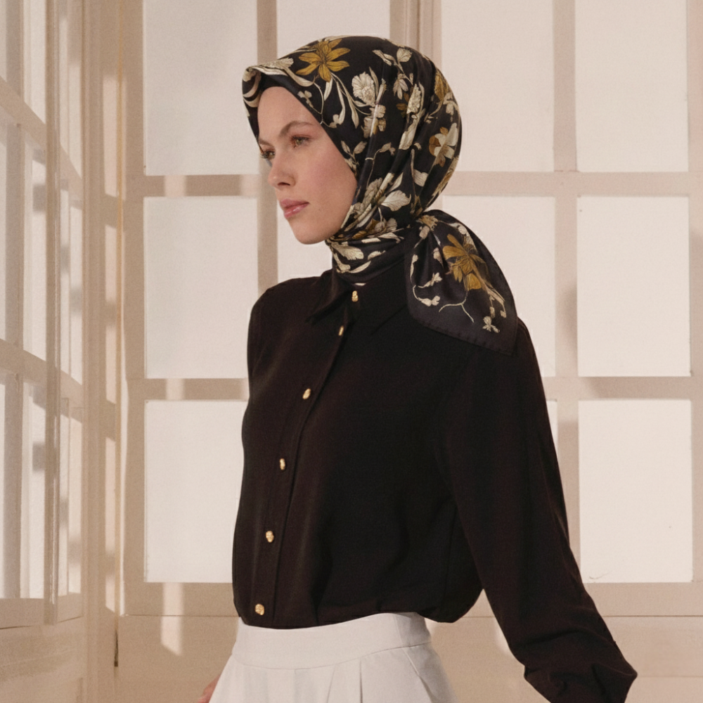 Siyah Stilltone Desen Twill İpek Eşarp - 3