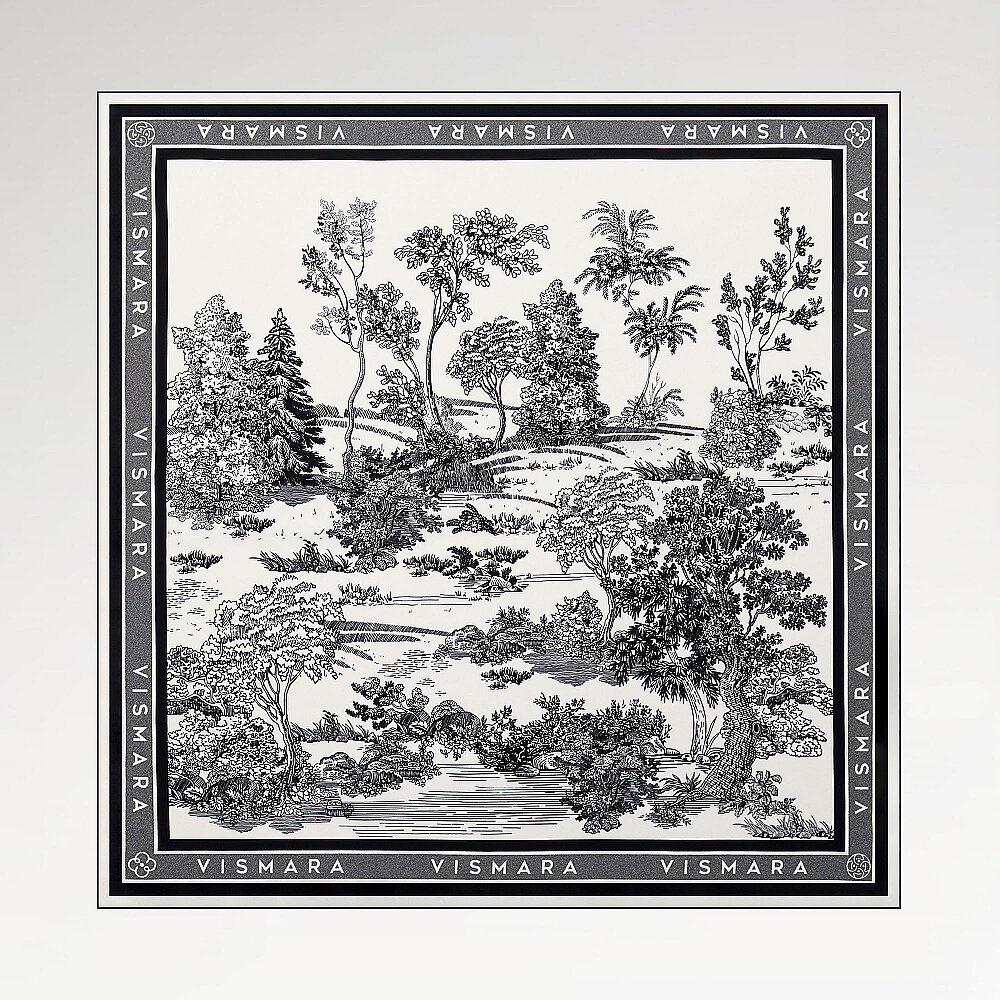 Siyah Toile Bahçe Desenli Twill İpek Eşarp - 1