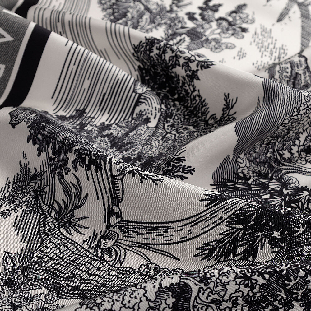 Siyah Toile Bahçe Desenli Twill İpek Eşarp - 2