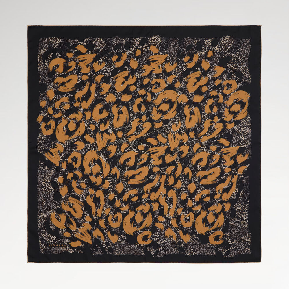 Siyah Turuncu Leopar Desenli Twill İpek Eşarp