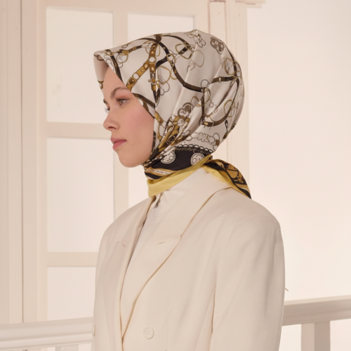 Siyah Vismara Monogram Zincir Desenli Twill İpek Eşarp - Vismara
