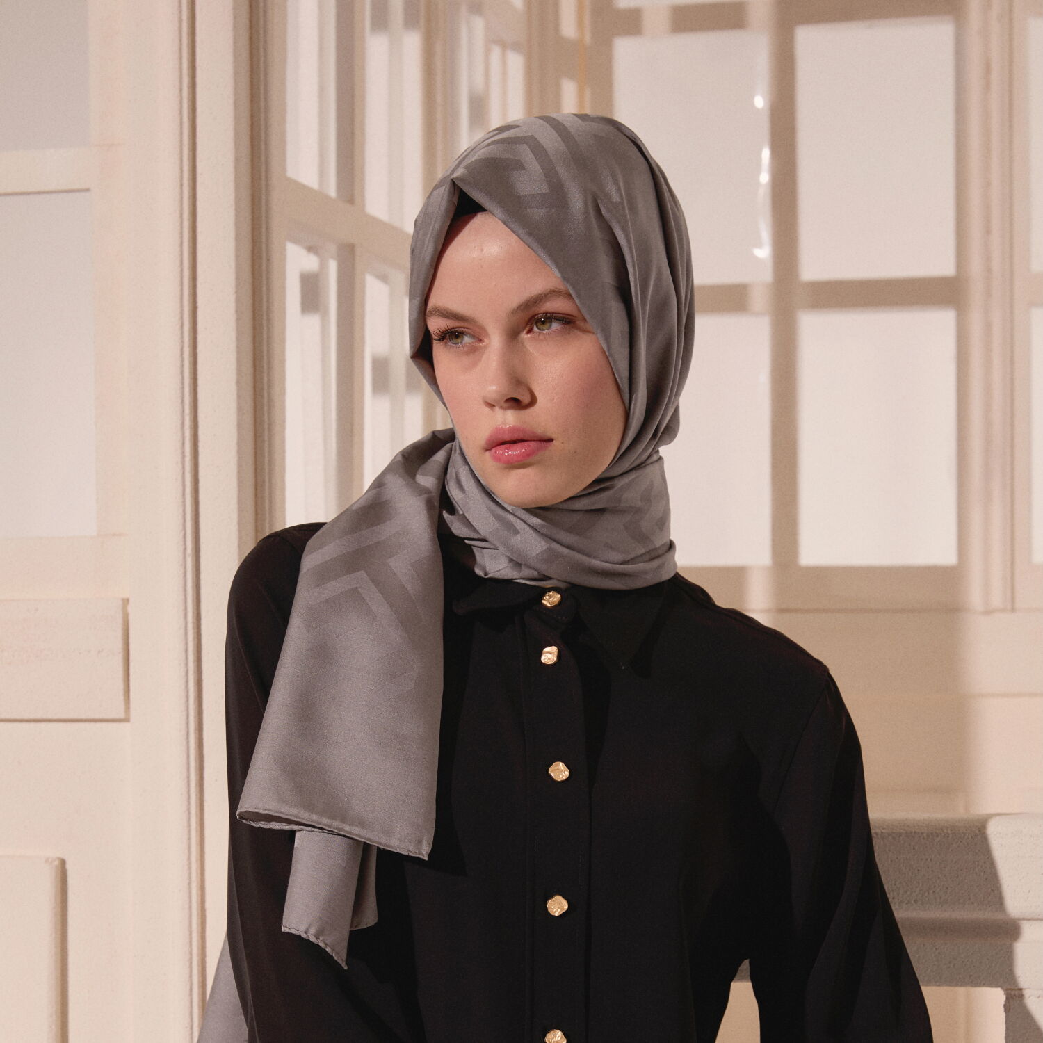 Smoke G Pattern Jacquard Wool Silk Scarf - 6