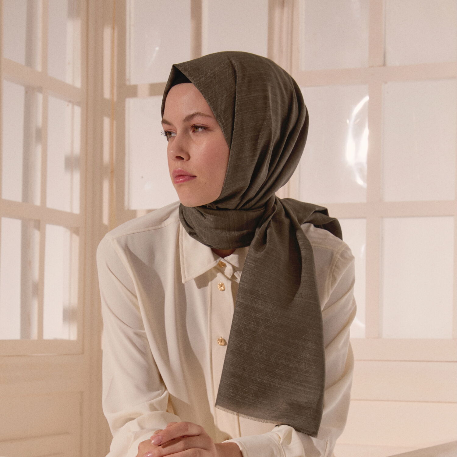 Smoke Monogram Pattern V Jacquard Cotton Silk Scarf - 7