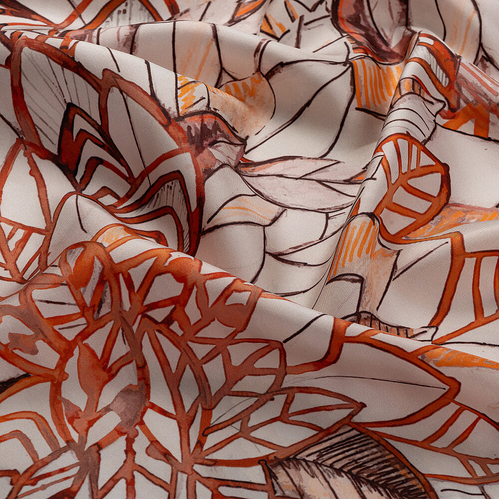 Somon Floral Yaprak Desenli Twill İpek Eşarp - 2