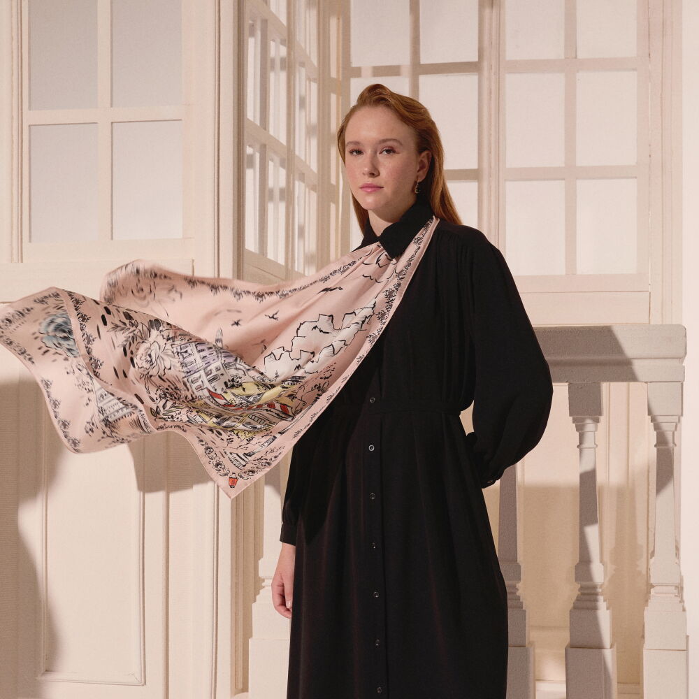 Somon Parisien Desenli Twill İpek Eşarp - Vismara