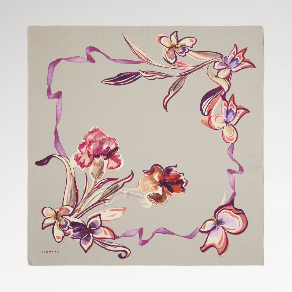 Stone Carnation and Lily Flower Patterned Twill Silk Square Scarf