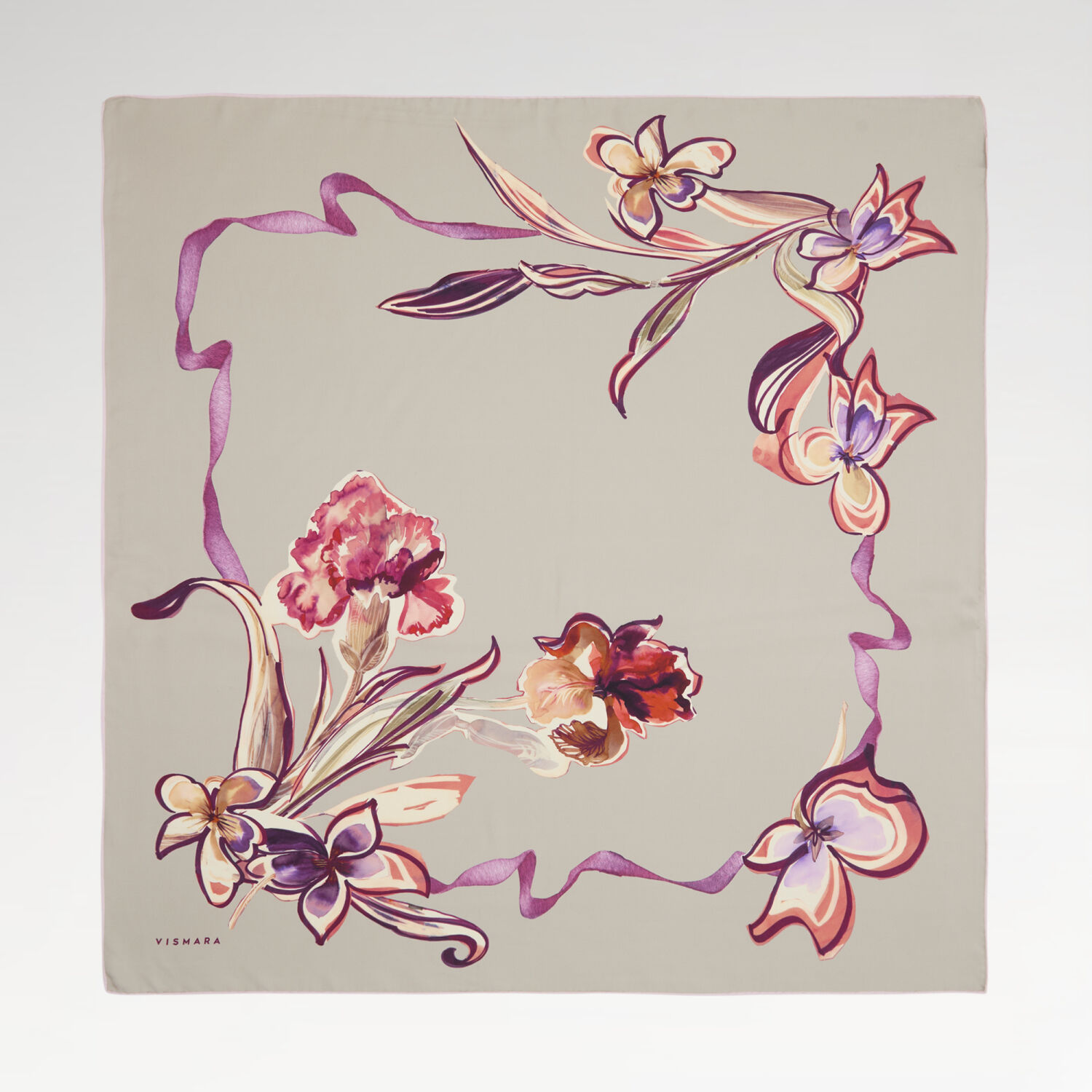 Stone Carnation and Lily Flower Patterned Twill Silk Square Scarf - 1