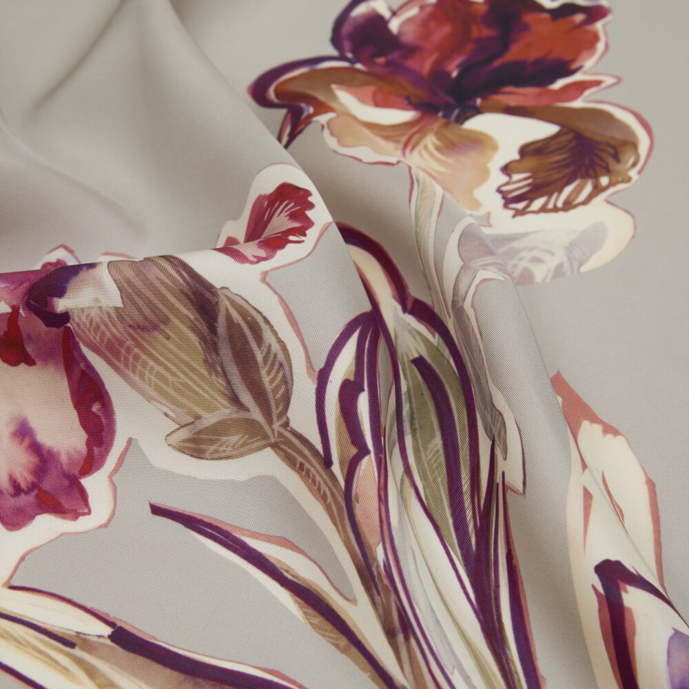 Stone Carnation and Lily Flower Patterned Twill Silk Square Scarf - Vismara