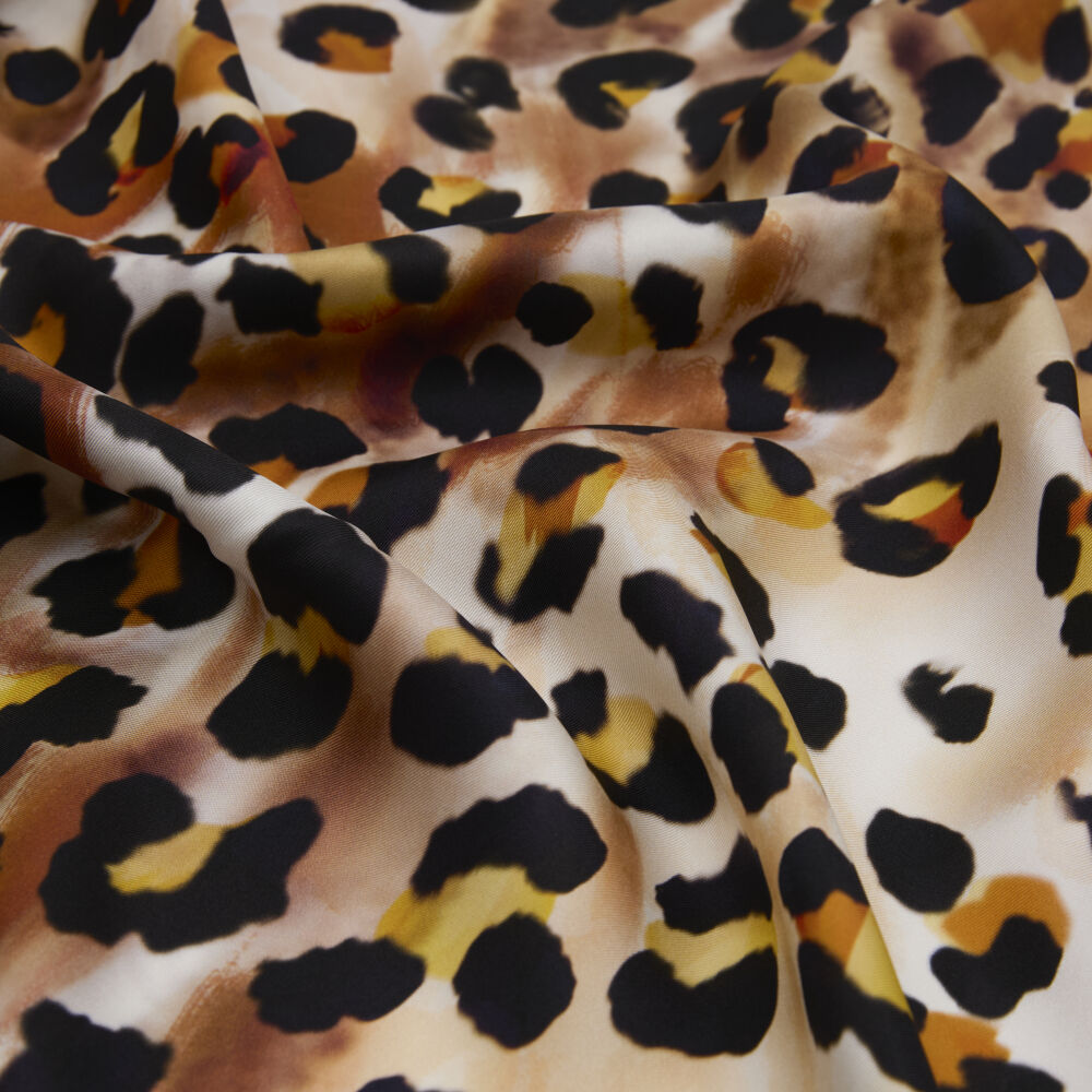 Tan Artistic Leopard Patterned Twill Silk Square Scarf - Vismara