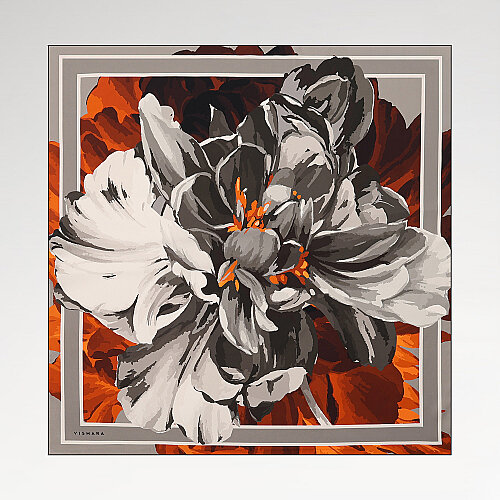 Tile-Colored Peony Flower Patterned Twill Silk Square Scarf