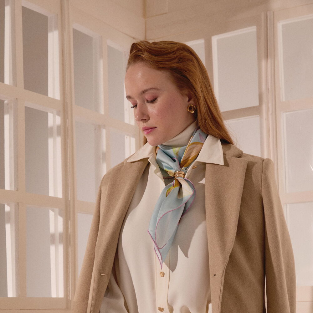 Turkuaz Orkide Çiçeği Desenli Twill İpek Eşarp - Vismara