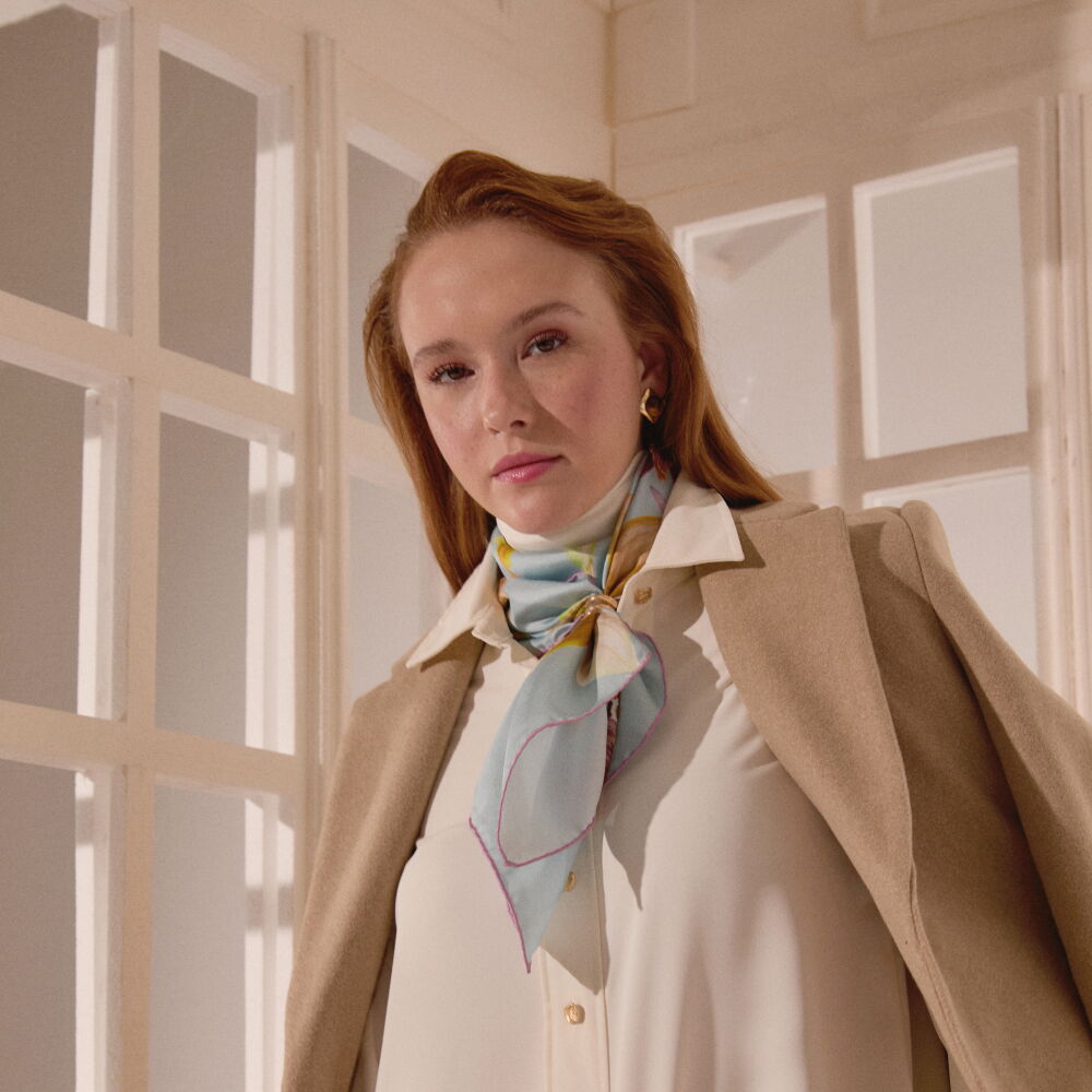 Turkuaz Orkide Çiçeği Desenli Twill İpek Eşarp - Vismara