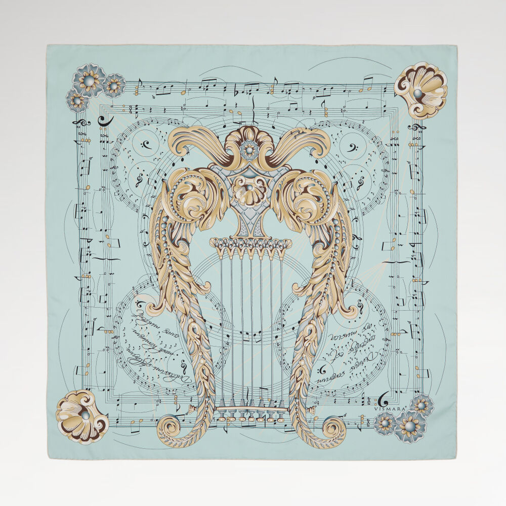 Turquoise Antique Lyre Pattern Twill Silk Square Scarf