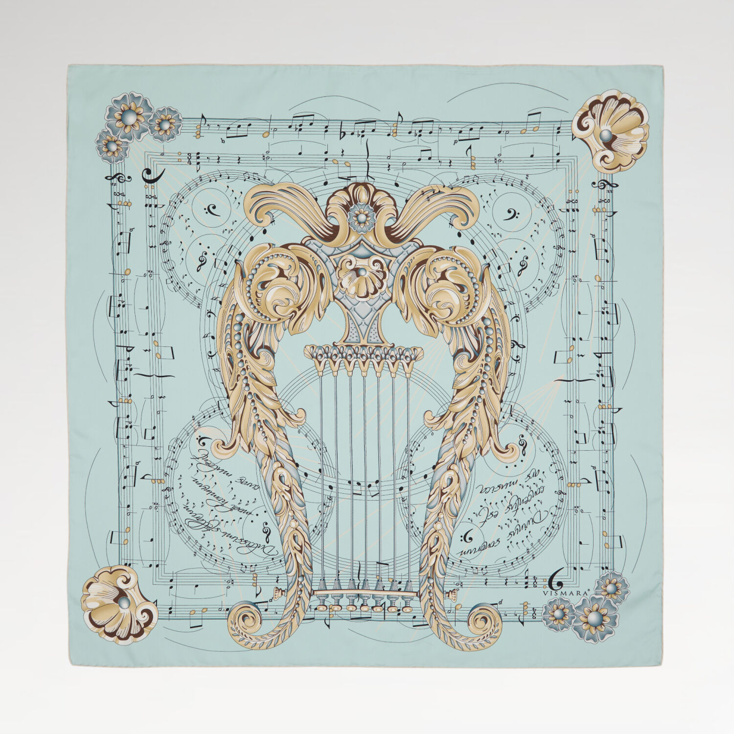Turquoise Antique Lyre Pattern Twill Silk Square Scarf - 1