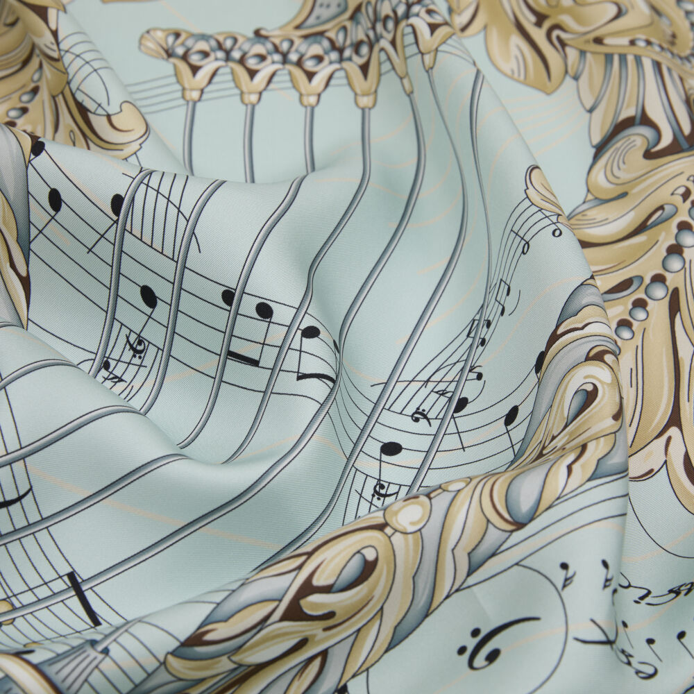 Turquoise Antique Lyre Pattern Twill Silk Square Scarf - Vismara