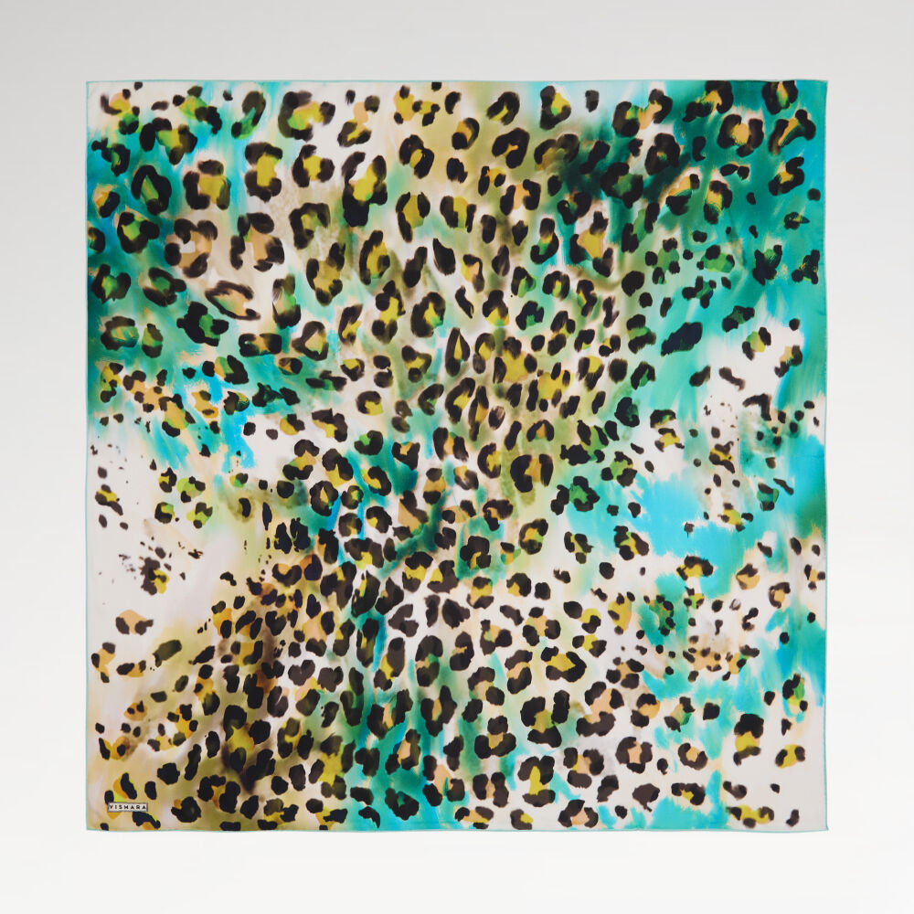 Turquoise Artistic Leopard Print Twill Silk Square Scarf