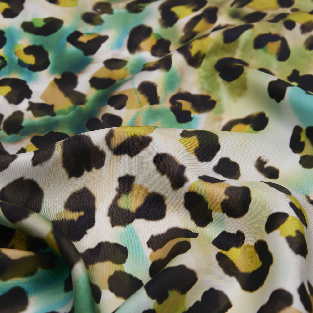 Turquoise Artistic Leopard Print Twill Silk Square Scarf - Vismara