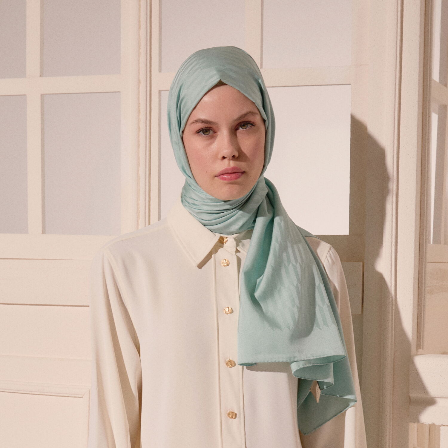Turquoise Drop Pattern Jacquard Wool Silk Scarf - 3