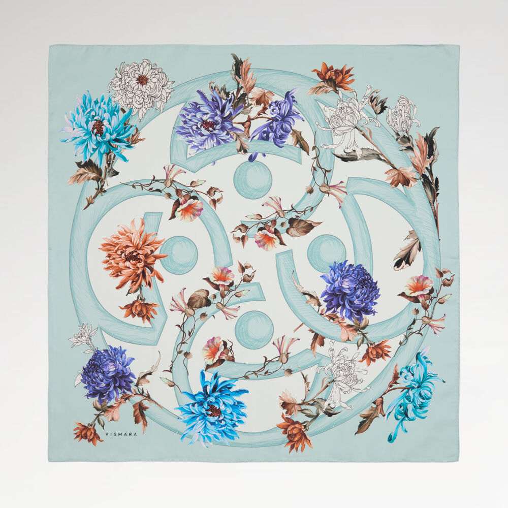 Turquoise Flower Magic Patterned Twill Silk Square Scarf