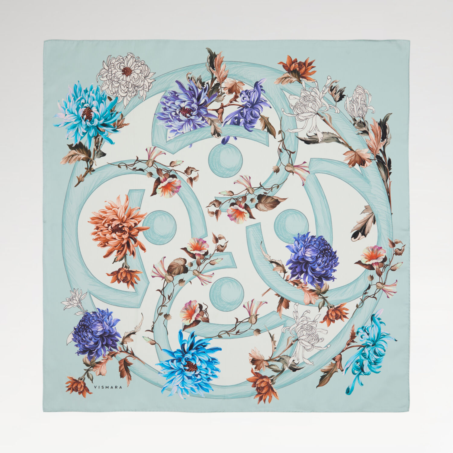Turquoise Flower Magic Patterned Twill Silk Square Scarf - 1